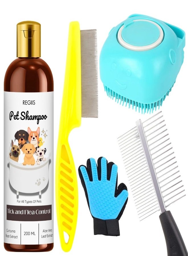 مجموعة ريجيس للعناية بالحيوانات الأليفة مع شامبو لمكافحة القراد والبراغيث، وفرشاة لإزالة الشعر الزائد، وأمشاط، وقفاز، 5 قطع، أزرق وأصفر (عبوة من 5 قطع) - Image 1